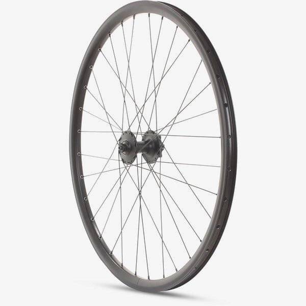 Black M Part Wheels MTB gravel front wheel with Shimano Deore 6B hub, QR, 100mm, 650B TLR rim for mountain biking.