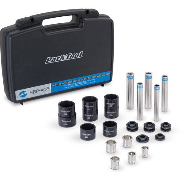 Park Tool BBP-AOS Bottom Bracket Bearing Extractor Add-On Set for BBP-1.2 workshop kit, shown with tools and components.