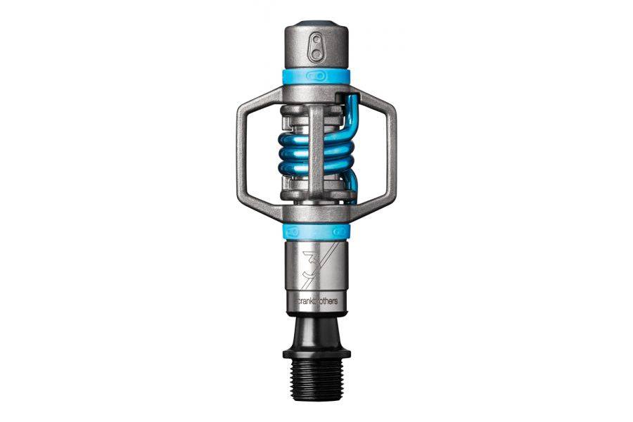 Crankbrothers Eggbeater 3 silver and blue clipless pedals for cross-country and cyclocross bikes, showcasing the pedal body and cleat area.