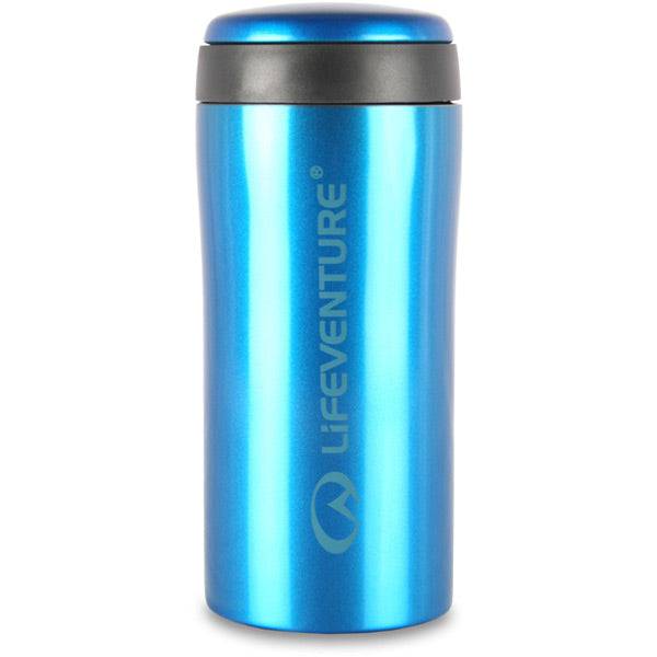 Lifeventure Blue 300ml vacuum insulated thermal mug showing leak-proof travel cup with lid and sleek blue finish.