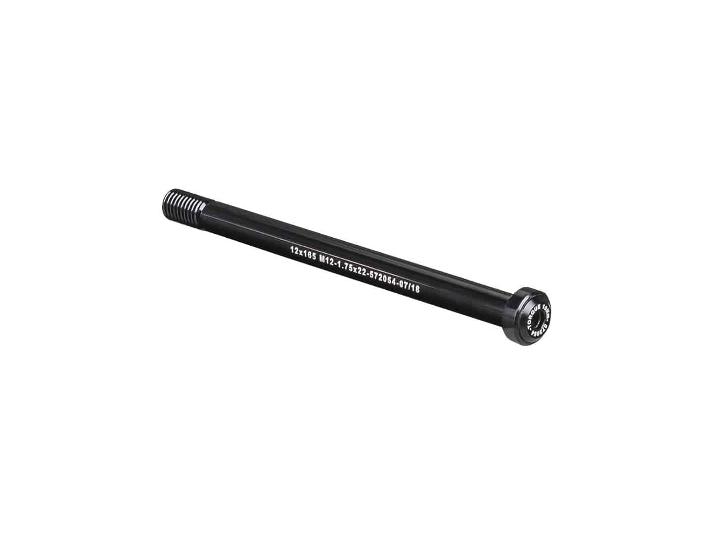 Bontrager rear thru-axle with switch lever, 165mm length, black, compatible with 6mm hex key for bicycle components.