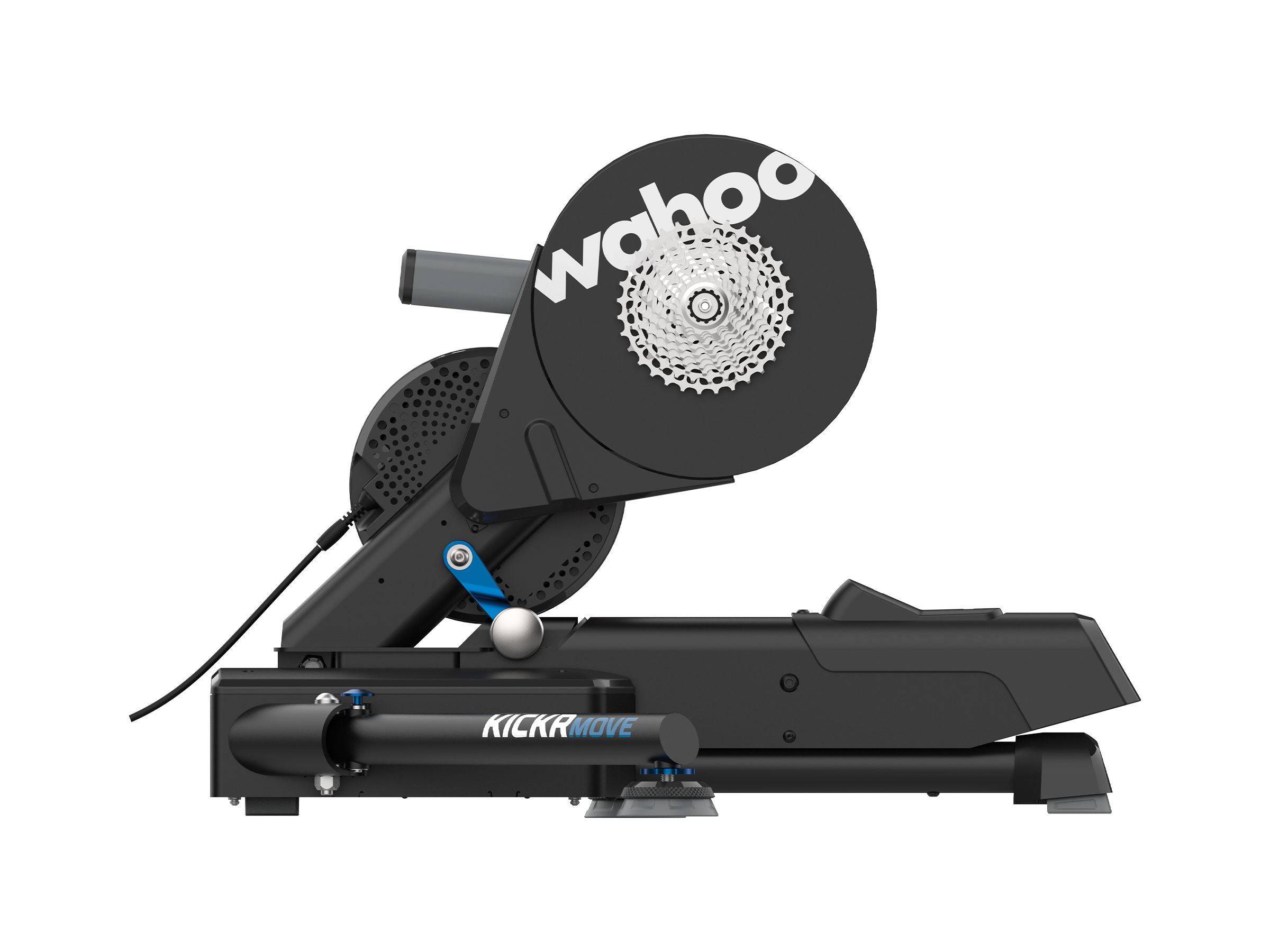 WAHOO KICKR MOVE smart indoor cycling trainer with realistic road feel, showcasing the sleek design and digital controls.