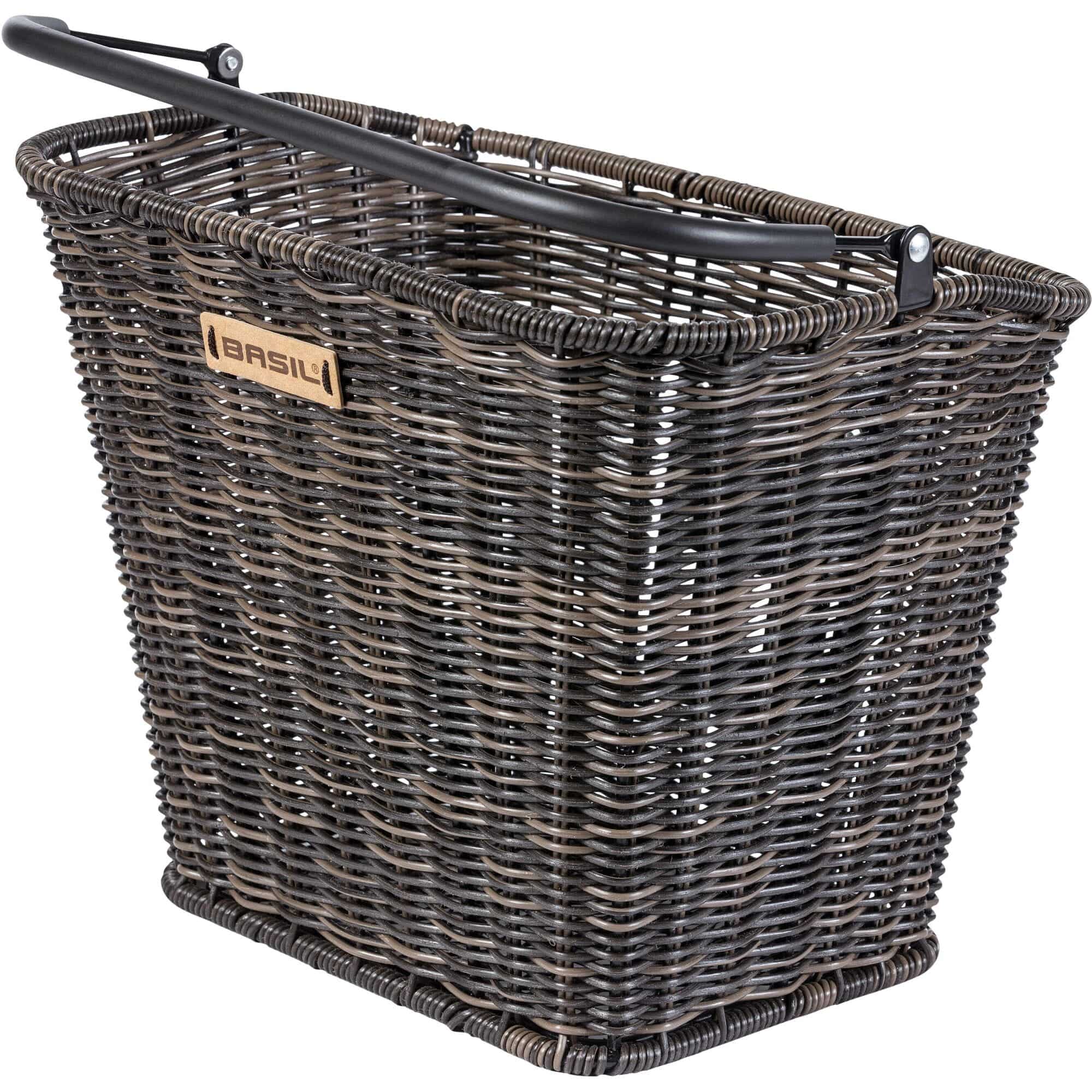 Basil Bremen rattan look front basket in nature brown with KF adapter for bikes, featuring woven rattan-style design