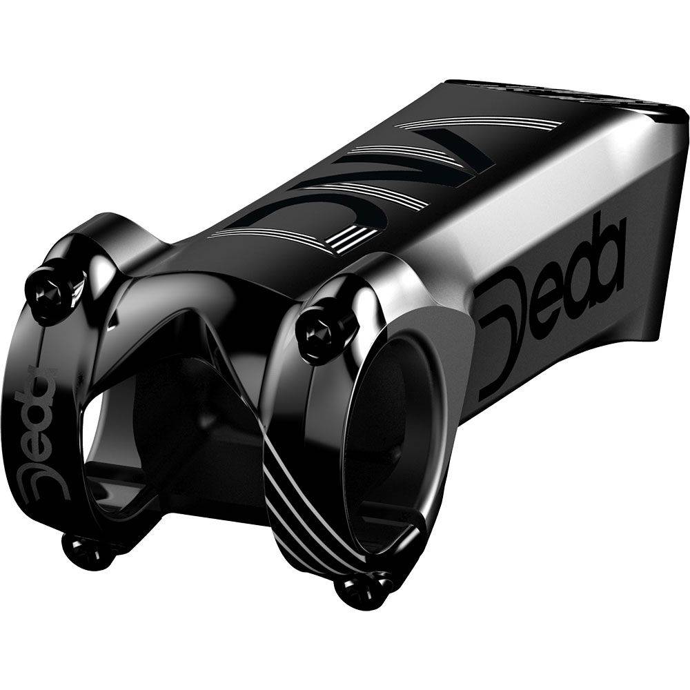 Deda Vinci DCR stem with integrated cable routing for 1 1/8" and 1 1/4" steerers, black component on a bicycle handlebar