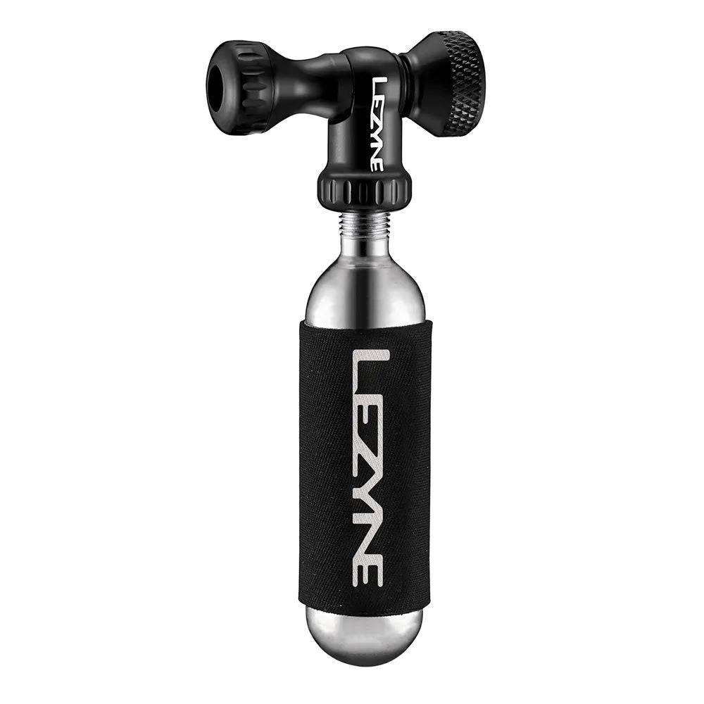 Lezyne Control Drive CO2 inflator in black with mount, compact bike tire pump accessory for quick air inflation.