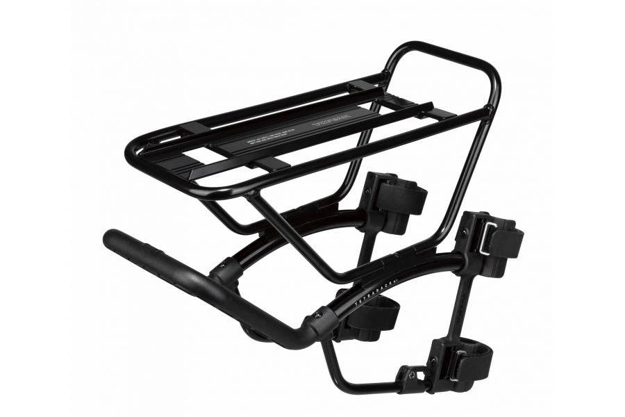 Topeak Tetrarack M1 front rack for MTB suspension and rigid forks, black, mounted on bike with gear straps.