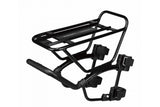 Topeak Tetrarack M1 front rack for MTB suspension and rigid forks, black, mounted on bike with gear straps.
