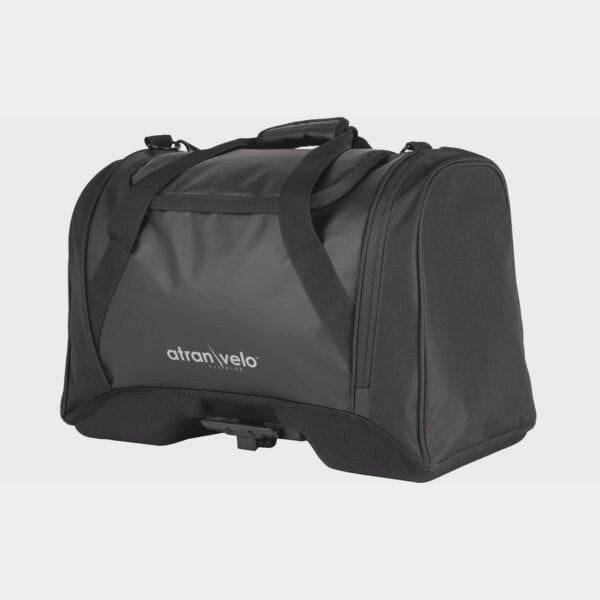 AtranVelo PULSE AVS 36L duffle bag with black exterior and AVS mounting system, designed for versatile outdoor accessories storage.