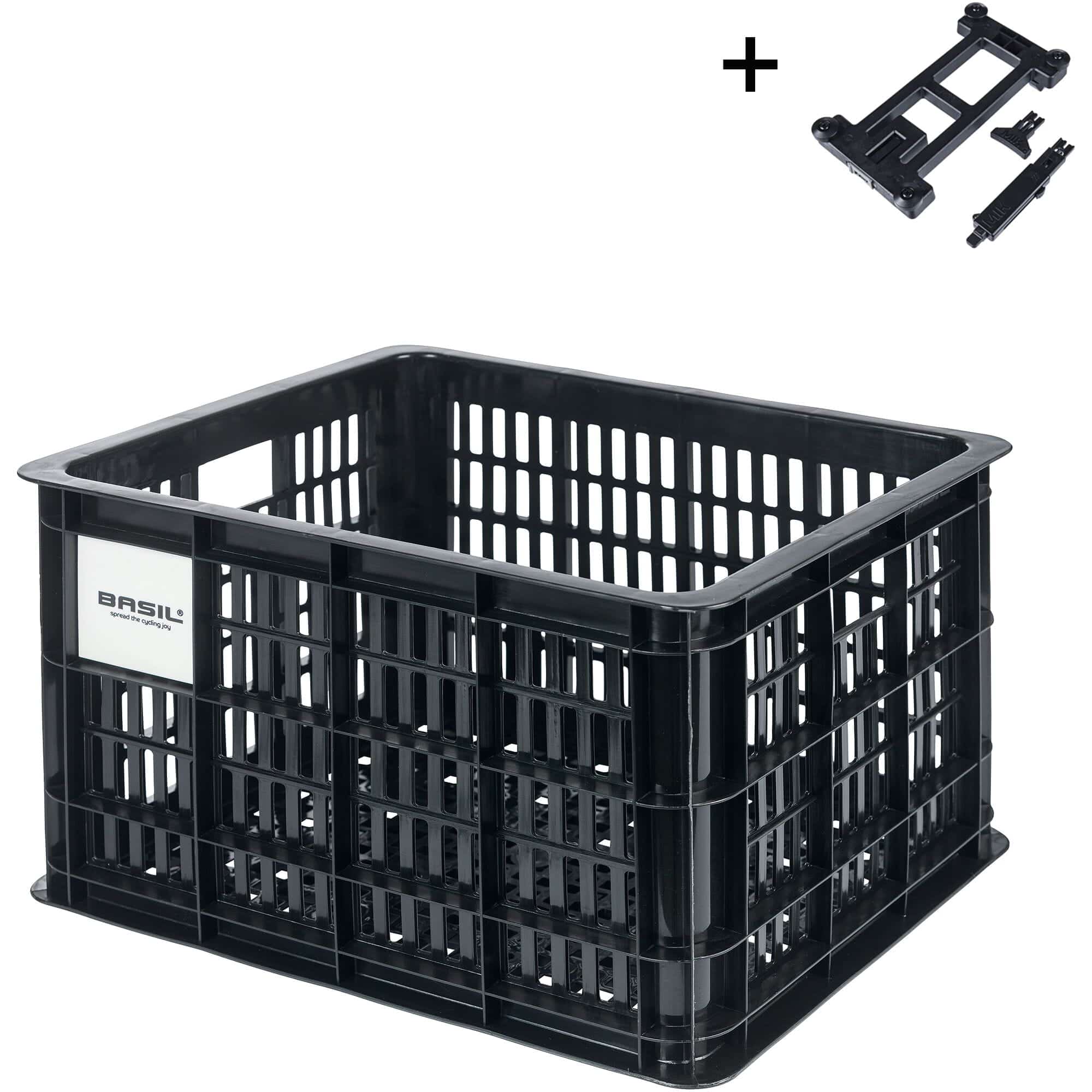 Black Basil Bicycle Crate MIK Medium 29.5L recycled synthetic bike basket attached to a bicycle for accessories.