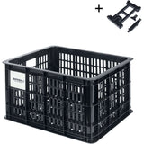 Black Basil Bicycle Crate MIK Medium 29.5L recycled synthetic bike basket attached to a bicycle for accessories.