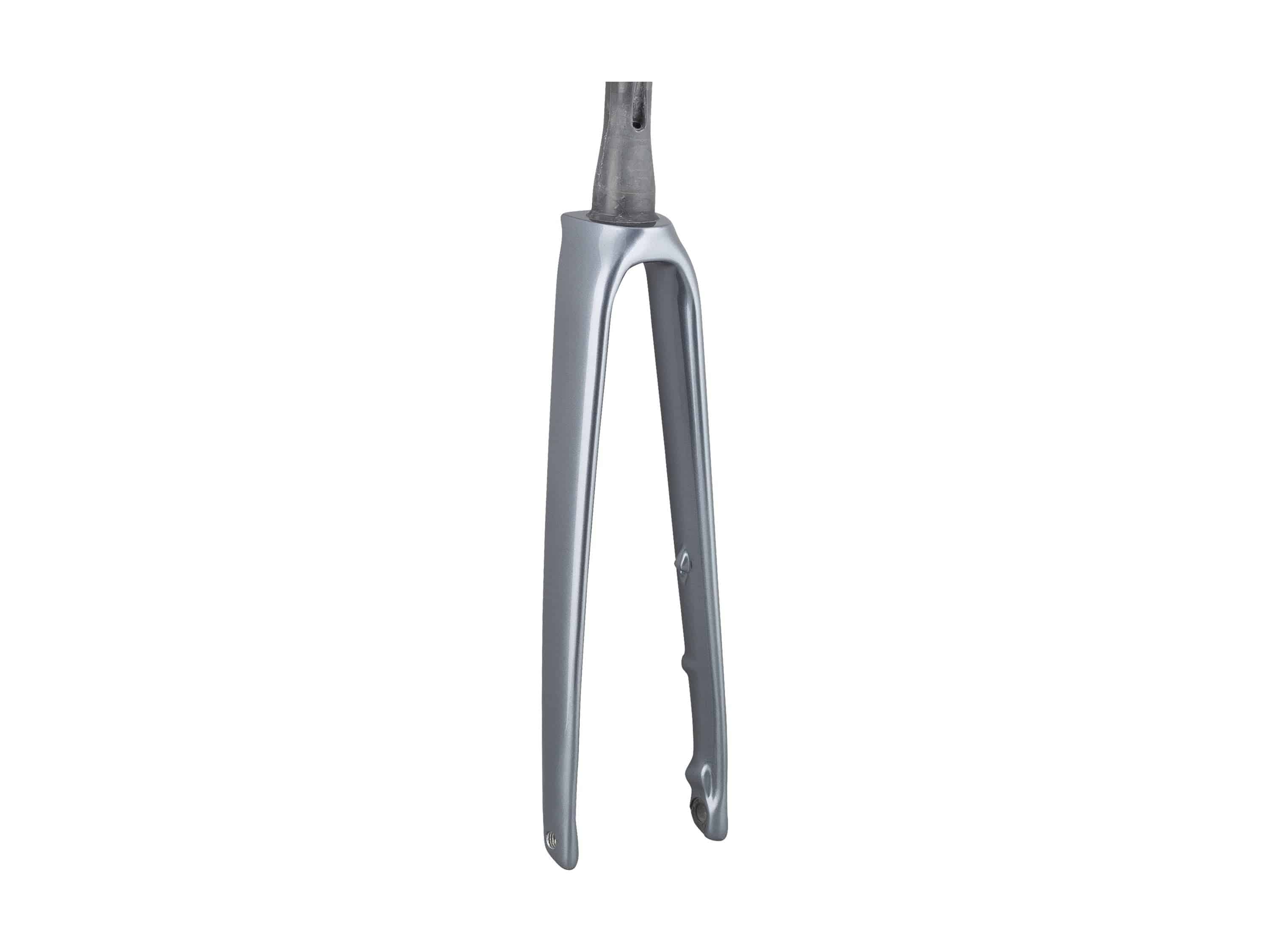Trek 2023 Emonda SL 7 carbon road bike fork in galactic grey onyx finish, showcasing lightweight bike component detail.