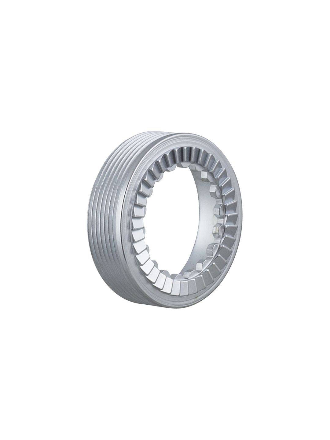 Bontrager Ratchet EXP 36-Tooth Threaded Rear Hub with 142mm OLD in silver, showcasing the star ratchet mechanism and threading details.