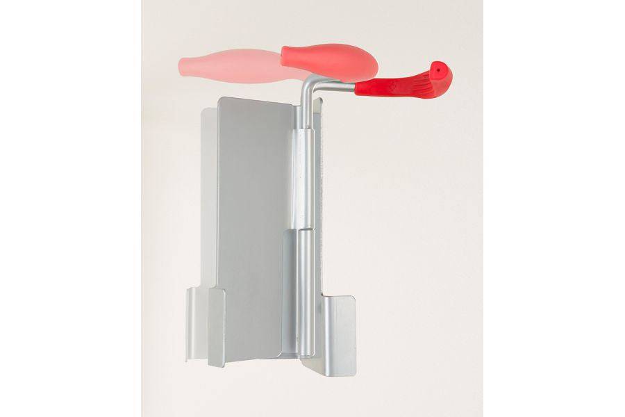Black Delta hinged single bike hook with rubber arm protection for vertical bike storage, designed as a durable accessories solution.