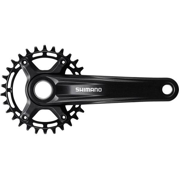 Shimano Deore FC-MT510 12-speed MTB chainset with 52mm chainline on a bike frame, showing crank arms and chainring.