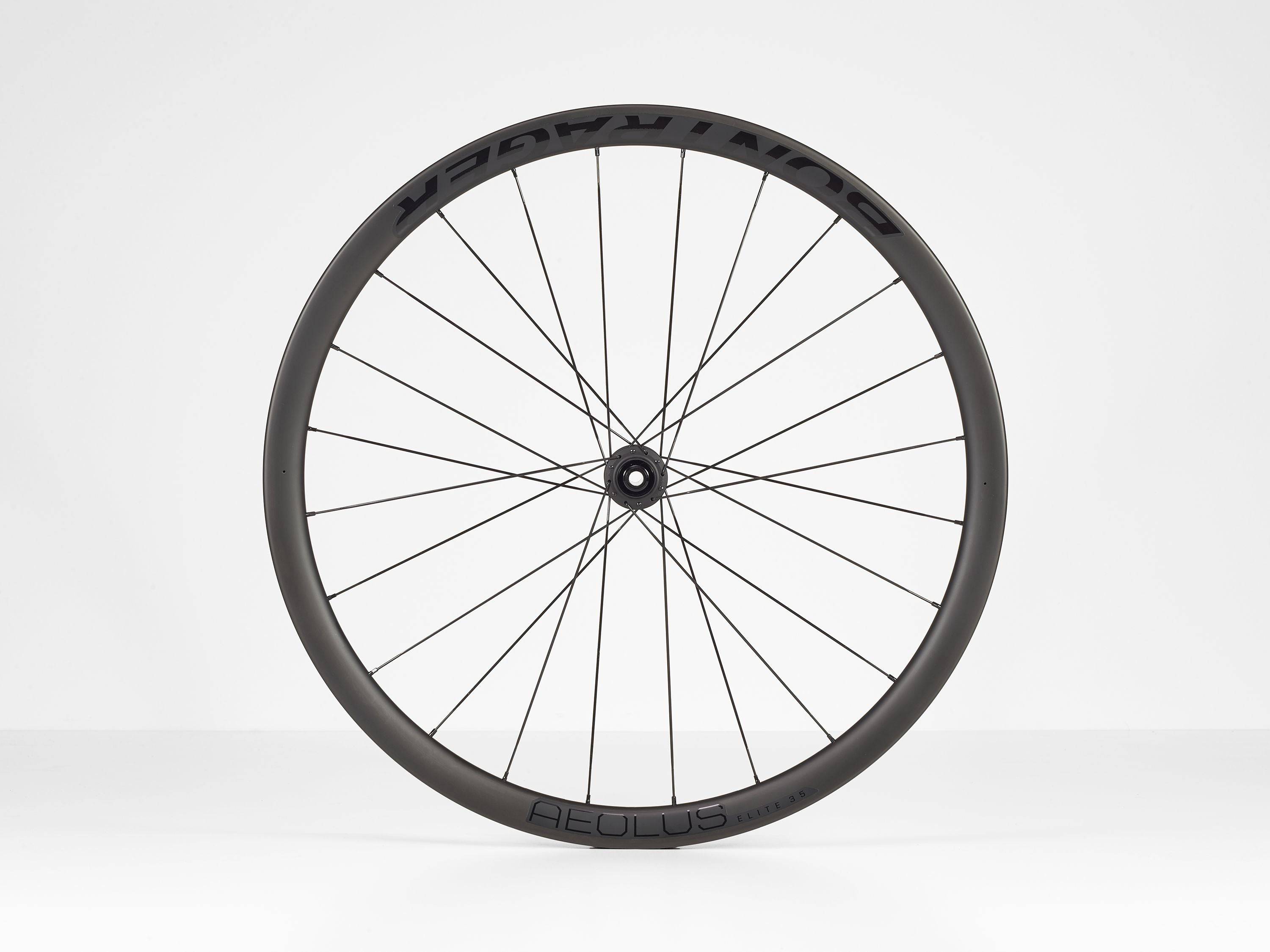 Bontrager Aeolus Elite 35 TLR disc road wheels with tubeless-ready carbon aero rims, shown with spokes and disc brake interface.