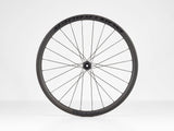 Bontrager Aeolus Elite 35 TLR disc road wheels with tubeless-ready carbon aero rims, shown with spokes and disc brake interface.