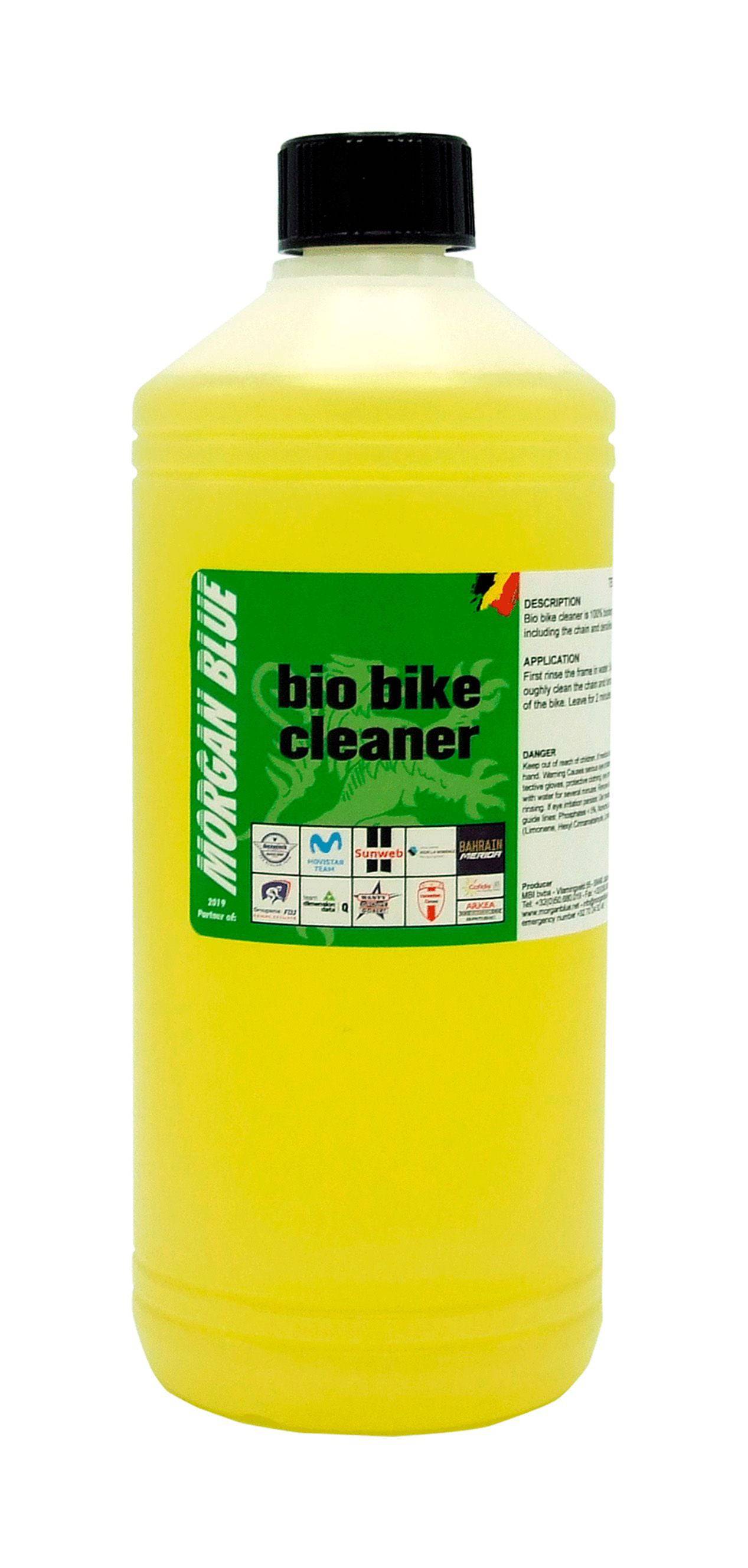 Morgan Blue Bio Bike Cleaner eco-friendly biodegradable spray shown in a workshop setting, used for cleaning bicycles.