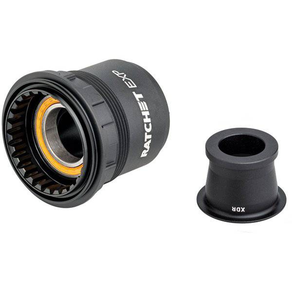 DT Swiss Ratchet EXP freehub conversion kit for SRAM XDR 130/135mm QR hubs, showing assembled components and packaging.