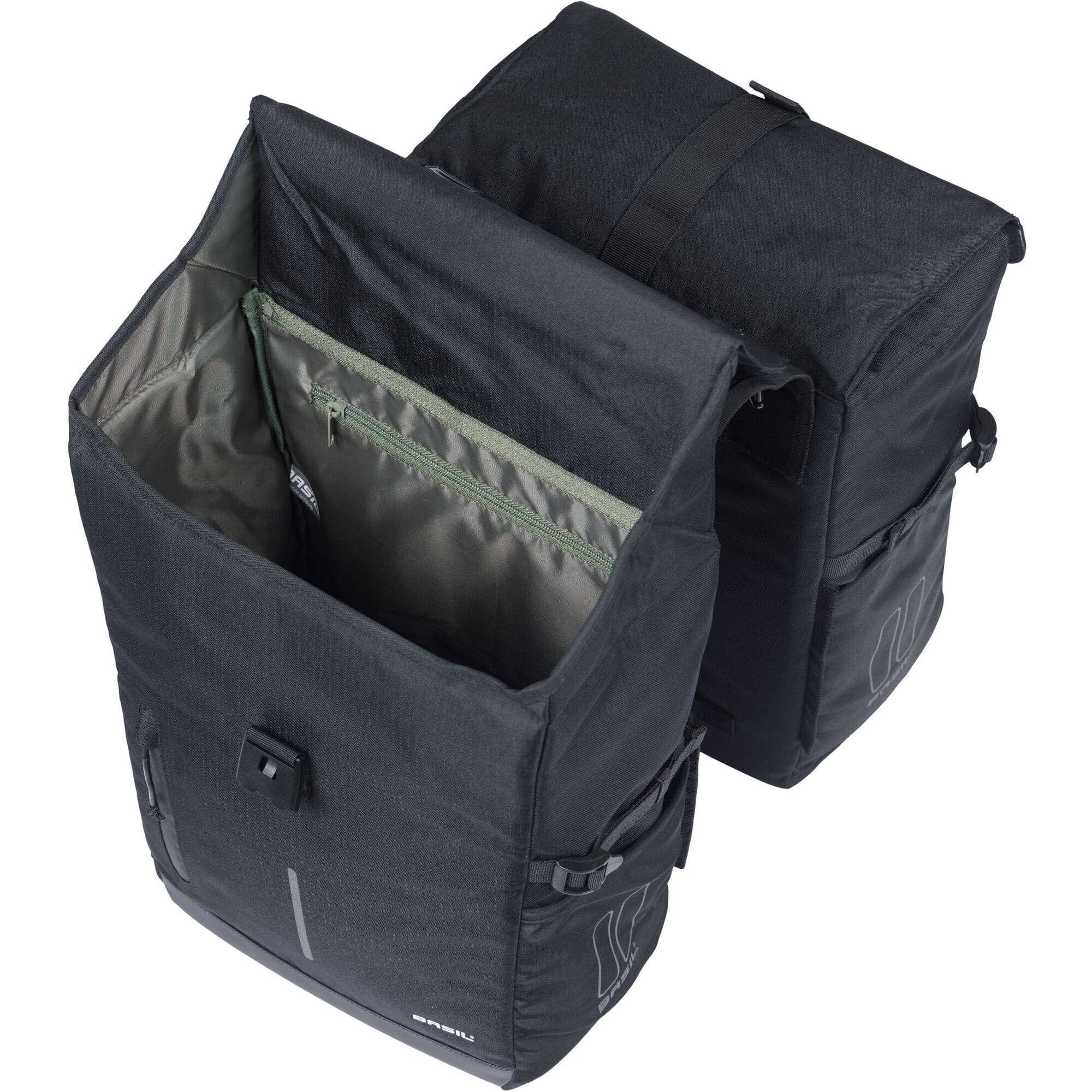Black Basil Move Double Bicycle Bag with rain cover, 30L capacity, mounted on a bike pannier for commuting and cycling.