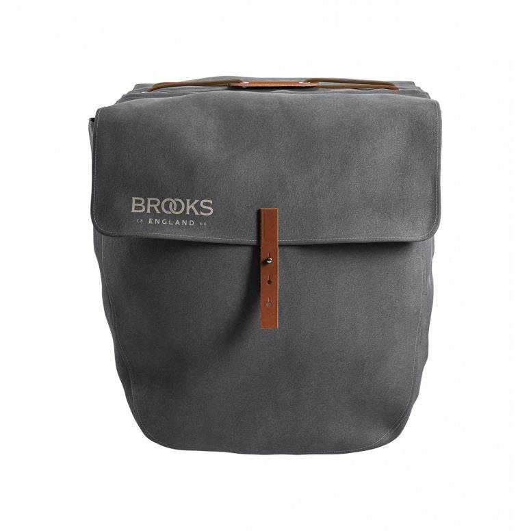 Brooks Brick Lane vintage-inspired water-resistant bike panniers set attached to a bicycle for cycling accessories.