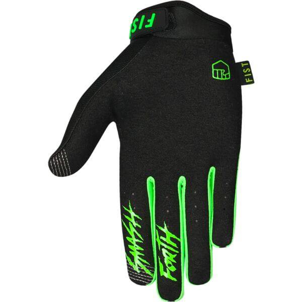 Fist Handwear fluorescent green gloves with durable grip, suitable for wet and dry conditions, shown on a person's hands.