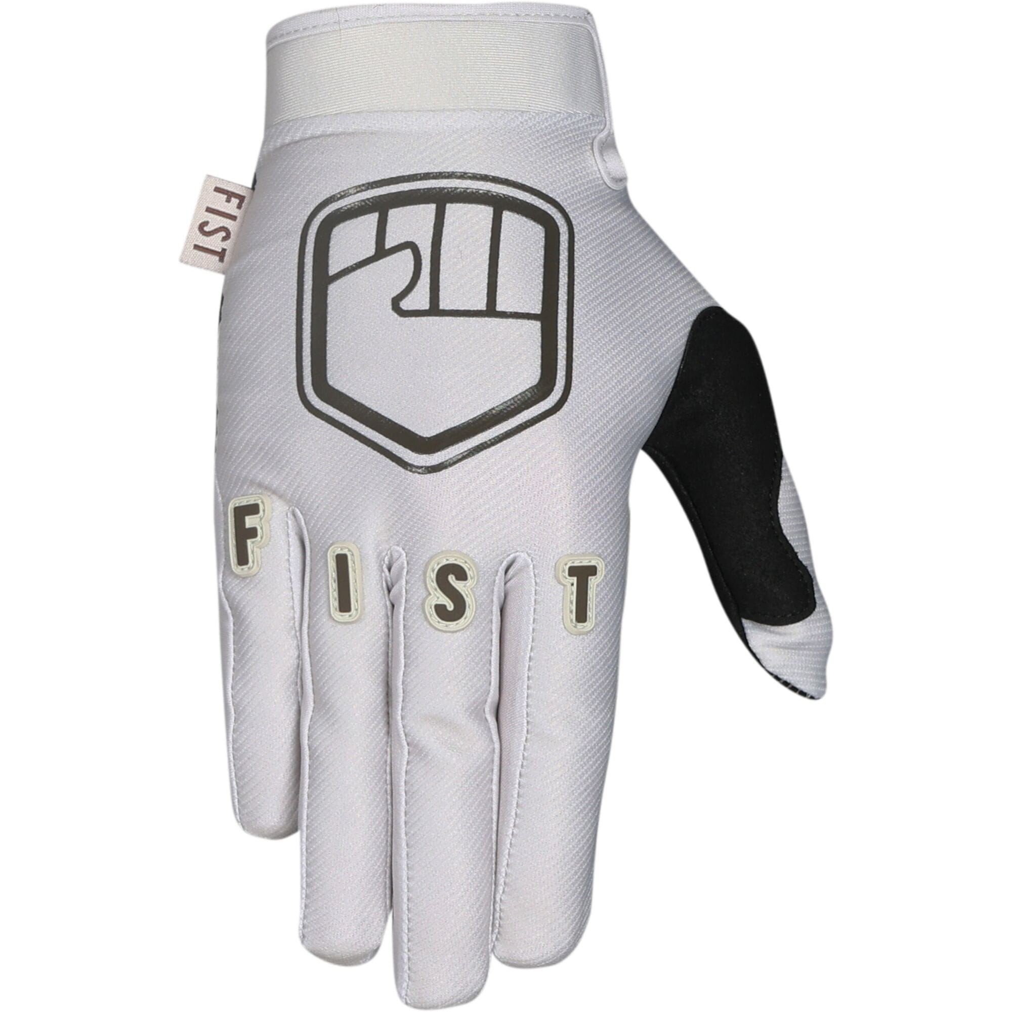 Fist Handwear stocker gloves for BMX, MTB, scooter, and motocross adults, showing black and gray riding gloves with grip details.