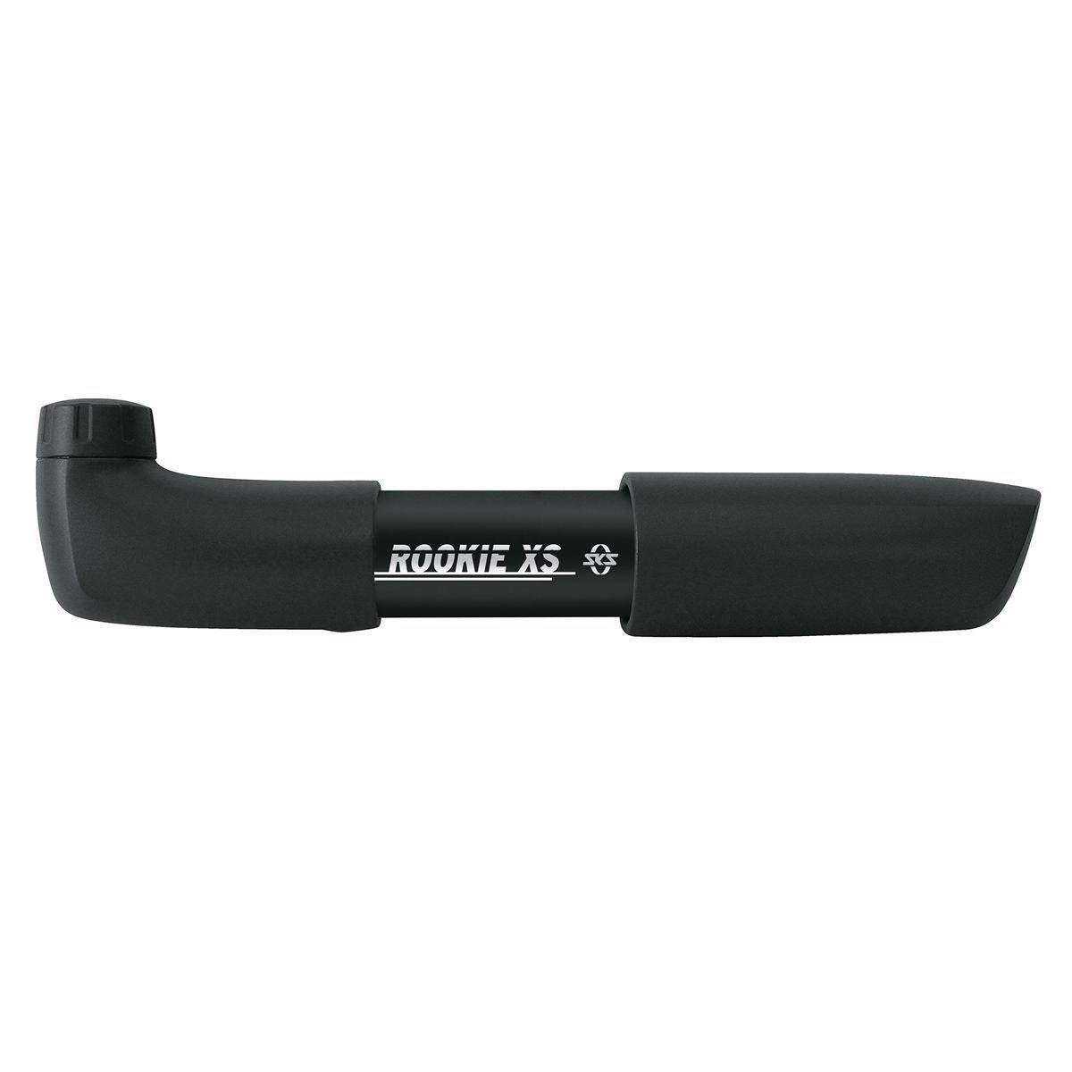SKS Rookie XS mini bike pump in black with reversible valve head, compact and portable cycling accessory.