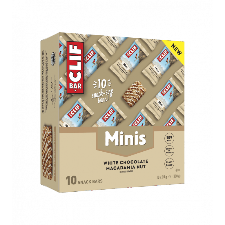 Clif Nutrition Mini Bars box of 10 plant-based protein snack bars, showing colorful packaging and individual bars with nuts and oats