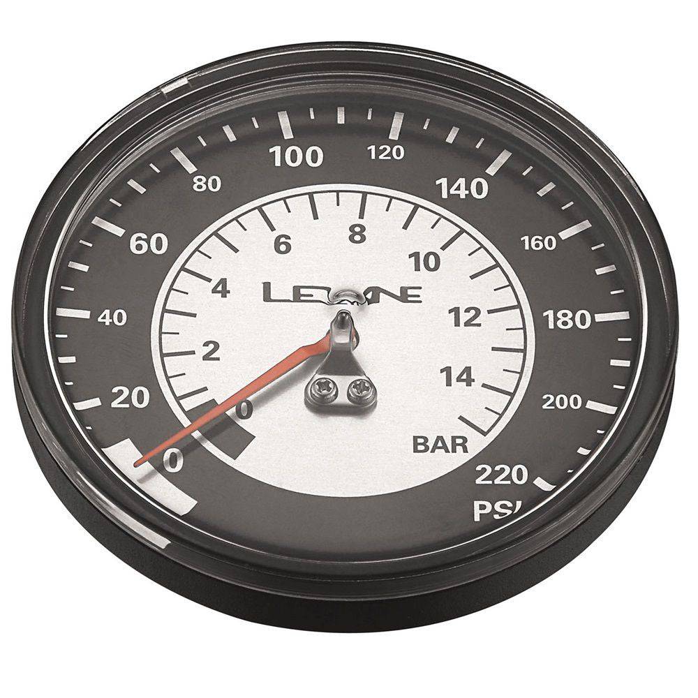 Lezyne 60 PSI gauge replacement for 2.5-inch high volume floor pump, showing the pressure gauge with mounting hardware.