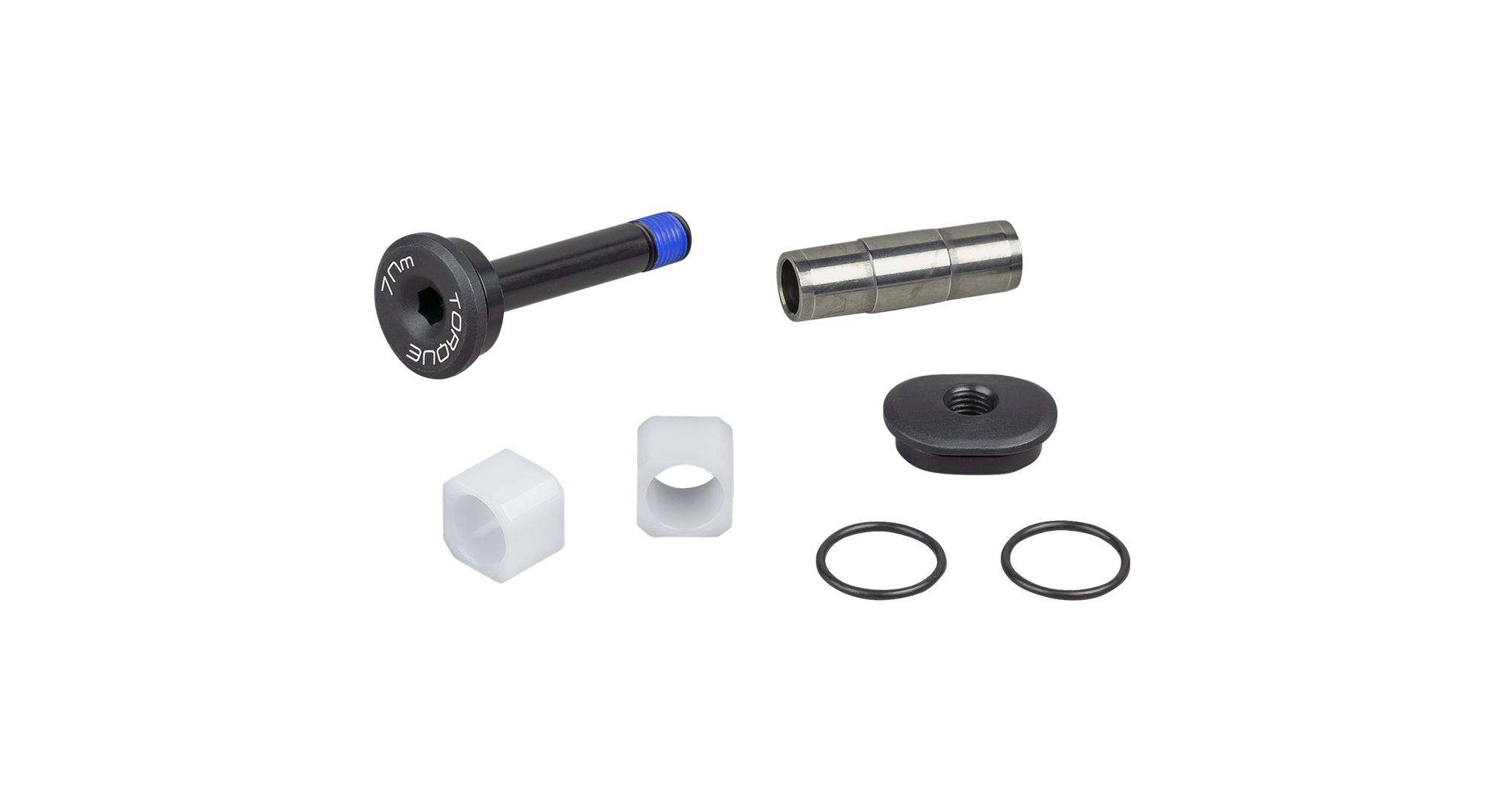 Trek Supercaliber 29 mid-strut anti-rotation hardware kit for suspension upgrade, shown in close-up detail.
