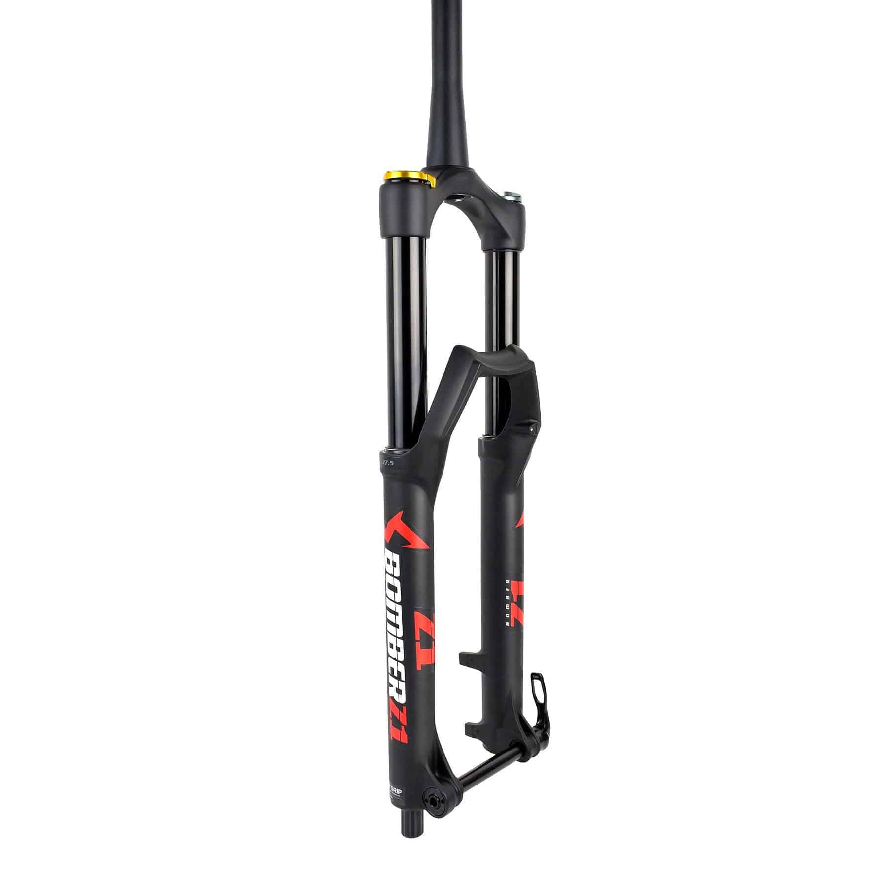 Marzocchi Bomber Z1 2022 MTB fork with tapered suspension and Grip Sweep-Adj, mounted on a mountain bike.