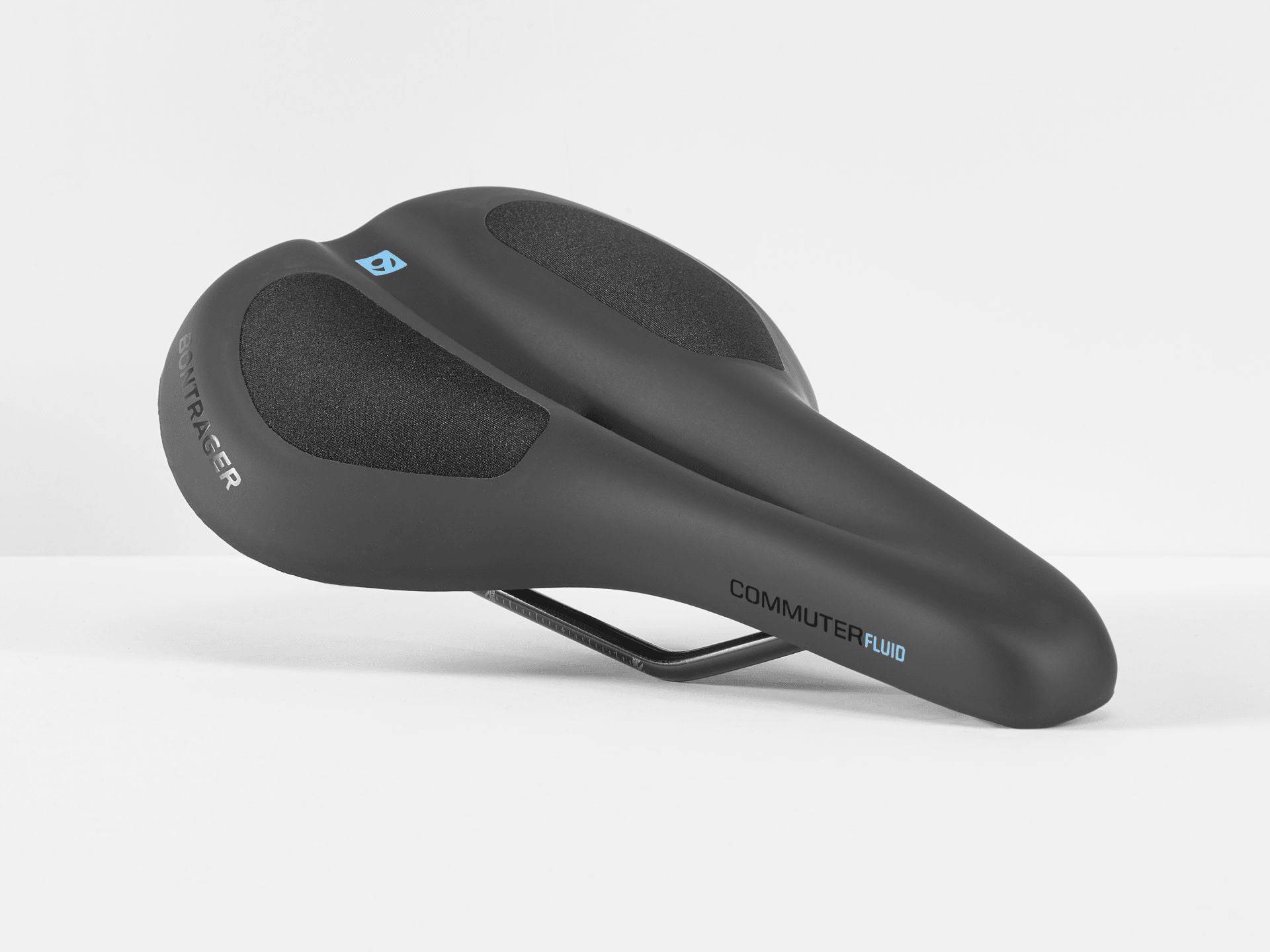 Bontrager Commuter Fluid bike saddle with full cut-out and Blendr mount, showcasing ergonomic design and sleek black finish.
