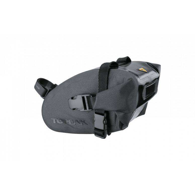 Topeak Drybag wedge straps in waterproof bike seat bag with quickClick fixer and tail light strap, shown attached to cycling bike.