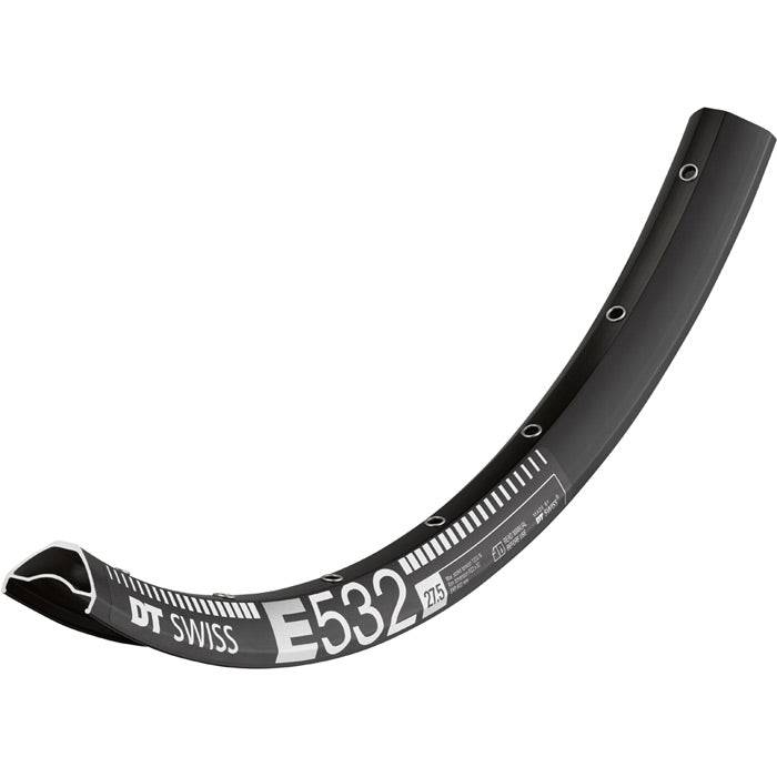 Black DT Swiss E 532 sleeve-joined enduro disc brake rim with Presta drilled holes, suitable for mountain bike components.