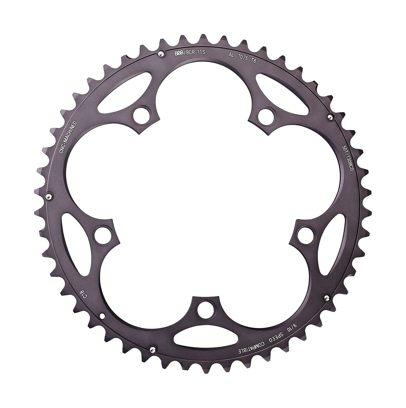 BBB RoadGear 2x9/10 speed 130BCD chainring for Shimano and SRAM double cranksets, durable bike component with bolt holes.