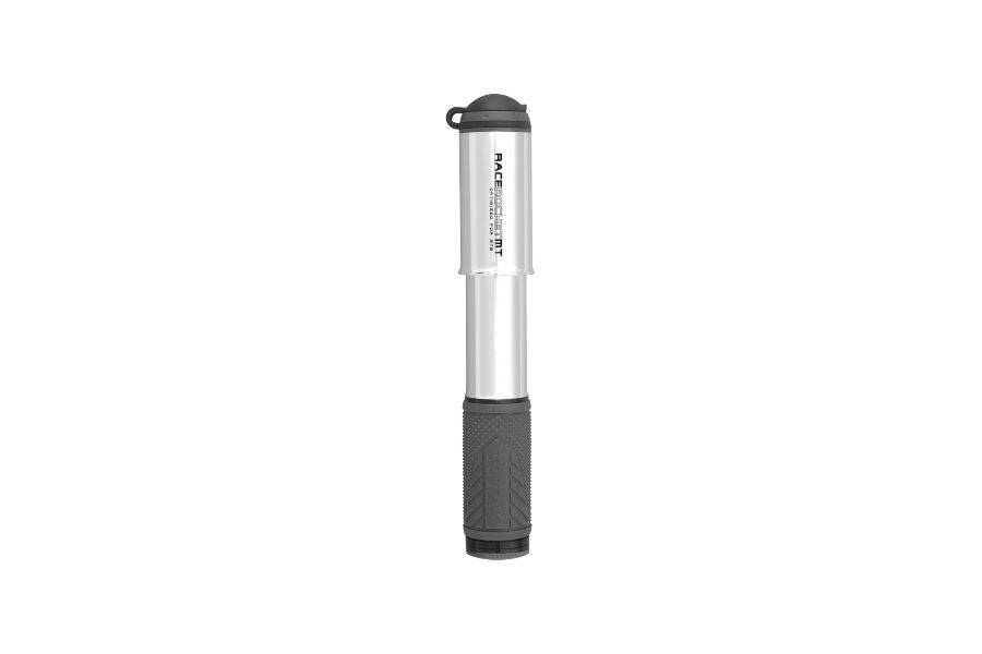Topeak Race Rocket MT hand pump for mountain bike tires, showing compact design and pressure gauge for up to 90psi.
