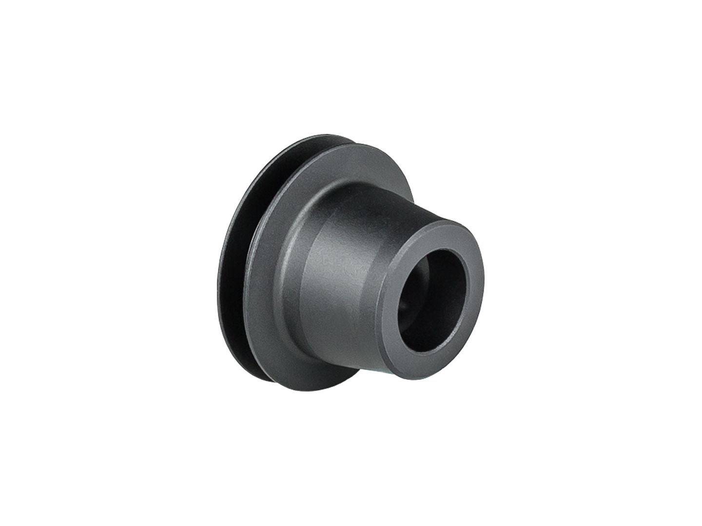 Black Bontrager DT240 12mm non-drive axle end cap for 100mm OLD front or rear hub, shown in image.