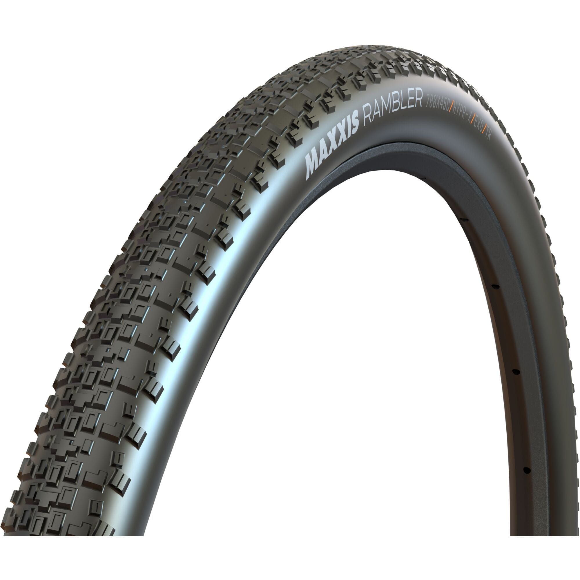 Maxxis Rambler 700x45C tubeless gravel tyre with HYPR-X compound and EXO protection, folding design, 120 TPI for durability.