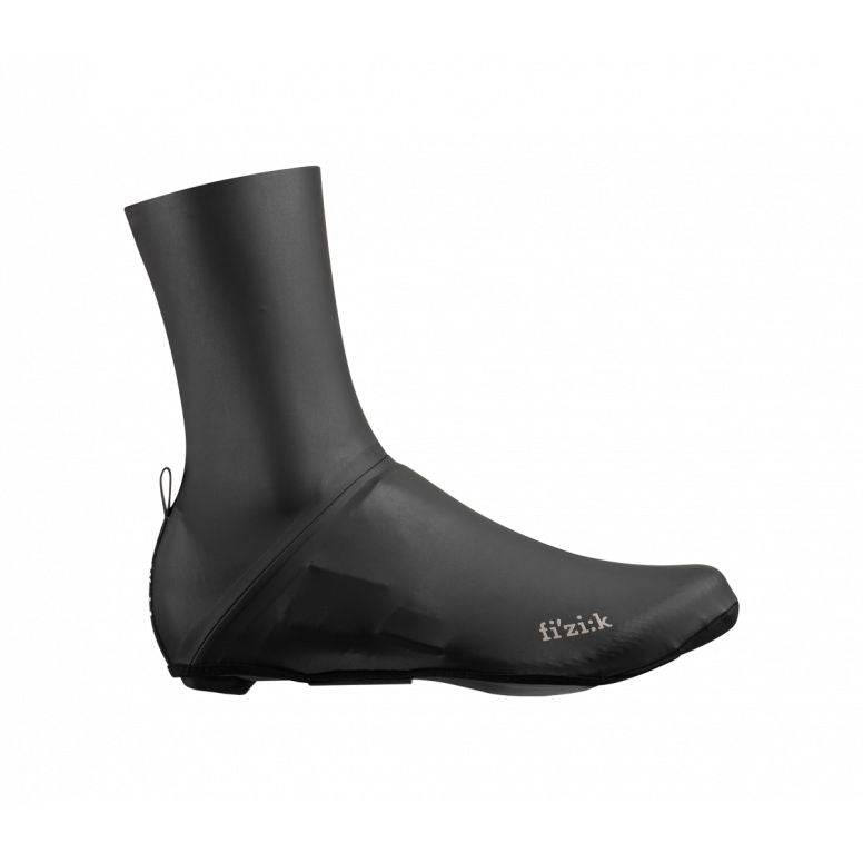 Fizik waterproof cycling overshoes for road and off-road shoes, showing black protective covers with reflective details
