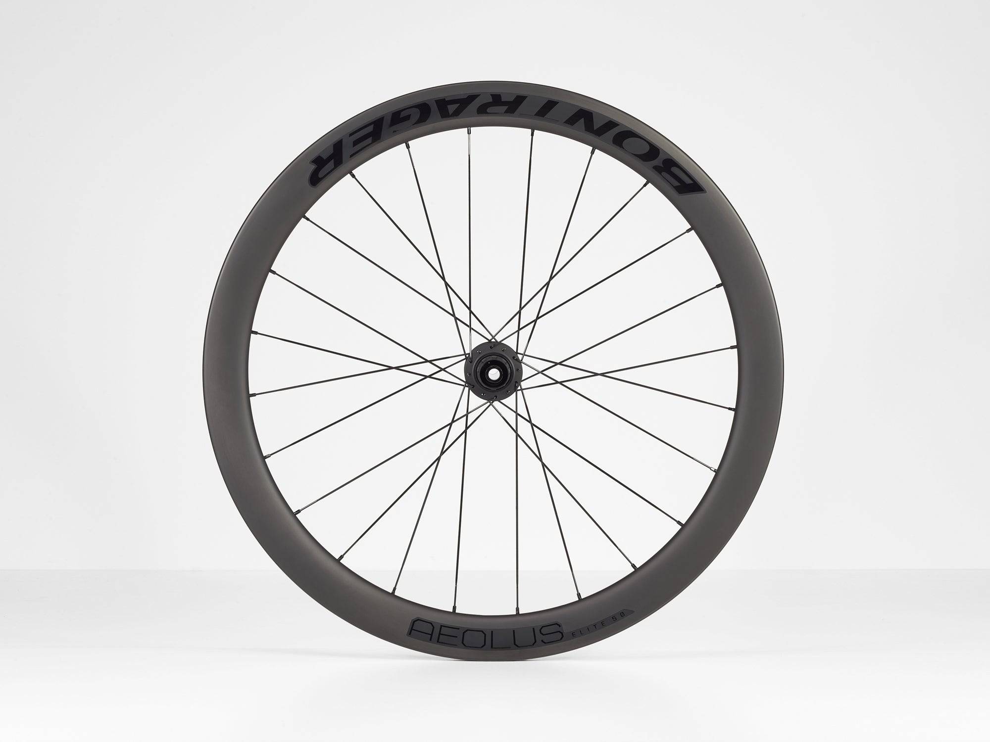 Bontrager Aeolus Elite 50 TLR disc road wheels with tubeless-ready carbon aero rims and sleek aerodynamic design.
