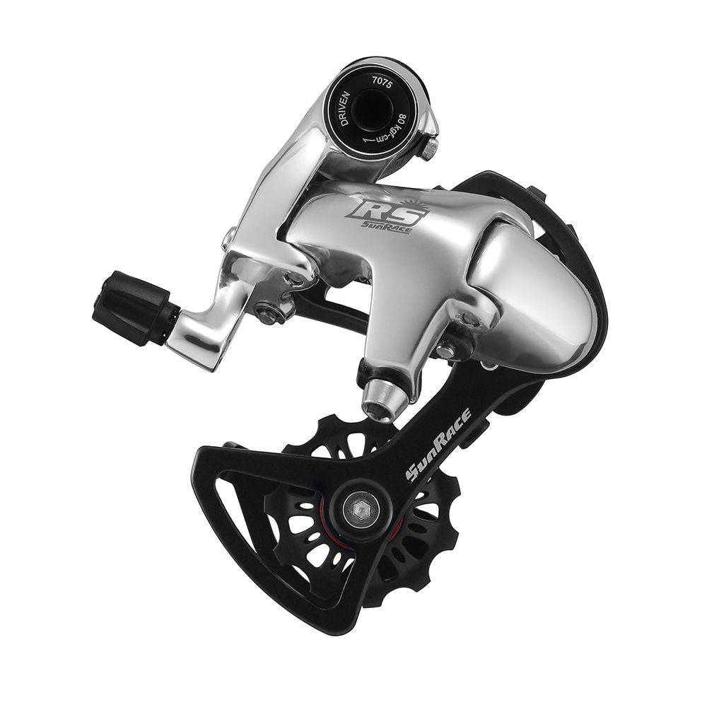 SunRace RDRS SD 10-speed road bike rear derailleur with short cage, mounted on a bike drivetrain for smooth shifting.