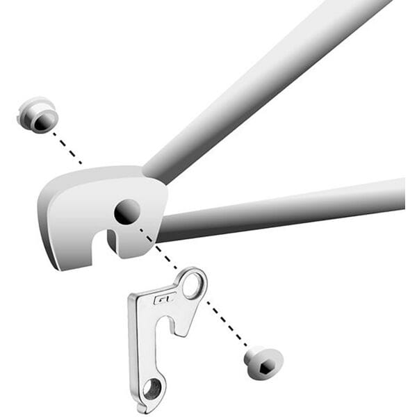 M Part GT Gear Hanger for bicycle frame protection and smooth shifting, mounted on a bike frame.