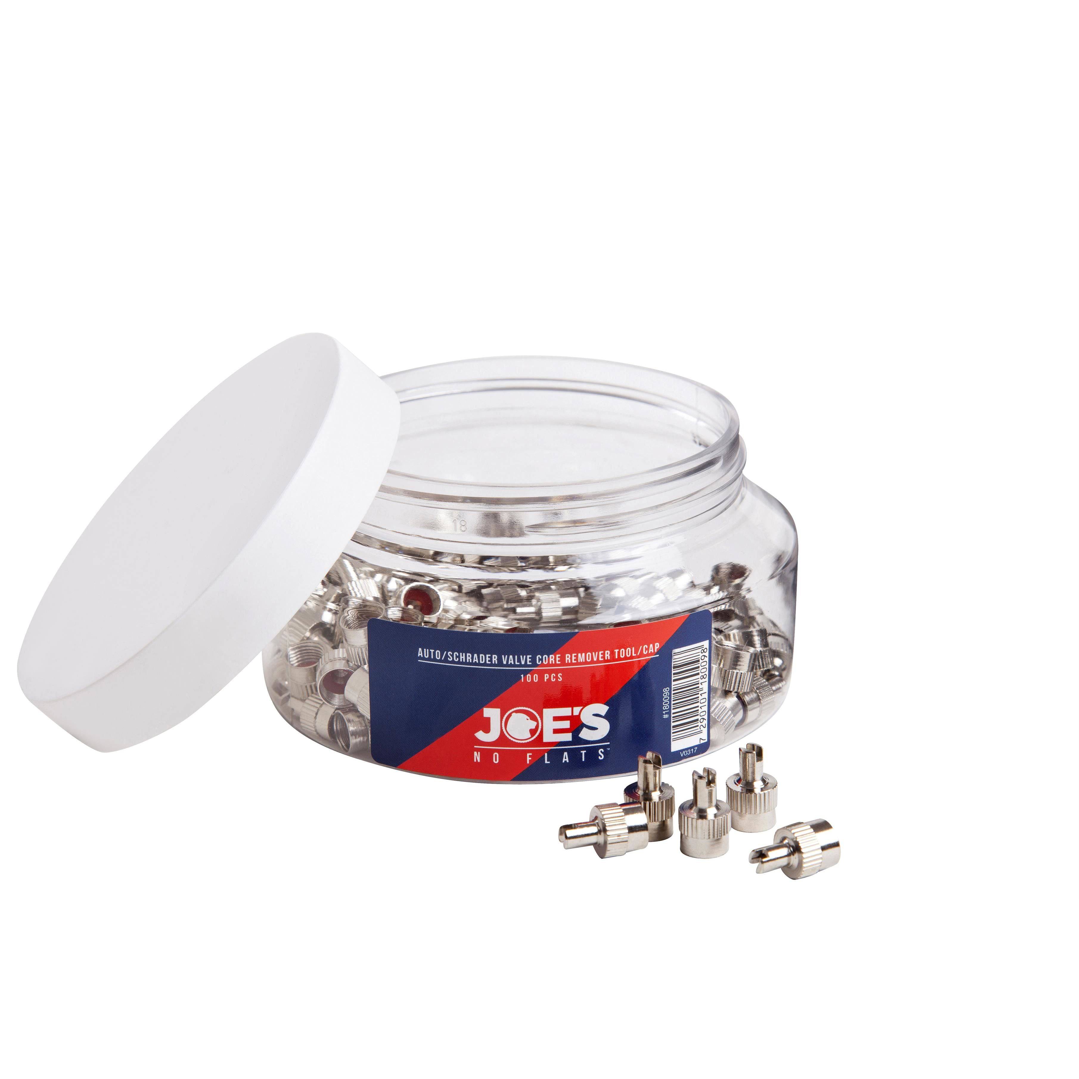 Joe's No Flats Schrader valve key and cap set for tubeless wheel components, featuring 100 pieces in a durable, professional design.