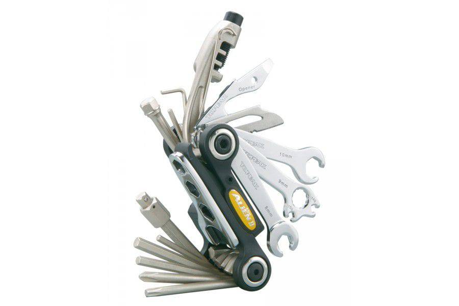 Topeak Alien II multi-tool in black and yellow for bike repairs, compact workshop repair tool with various functions.