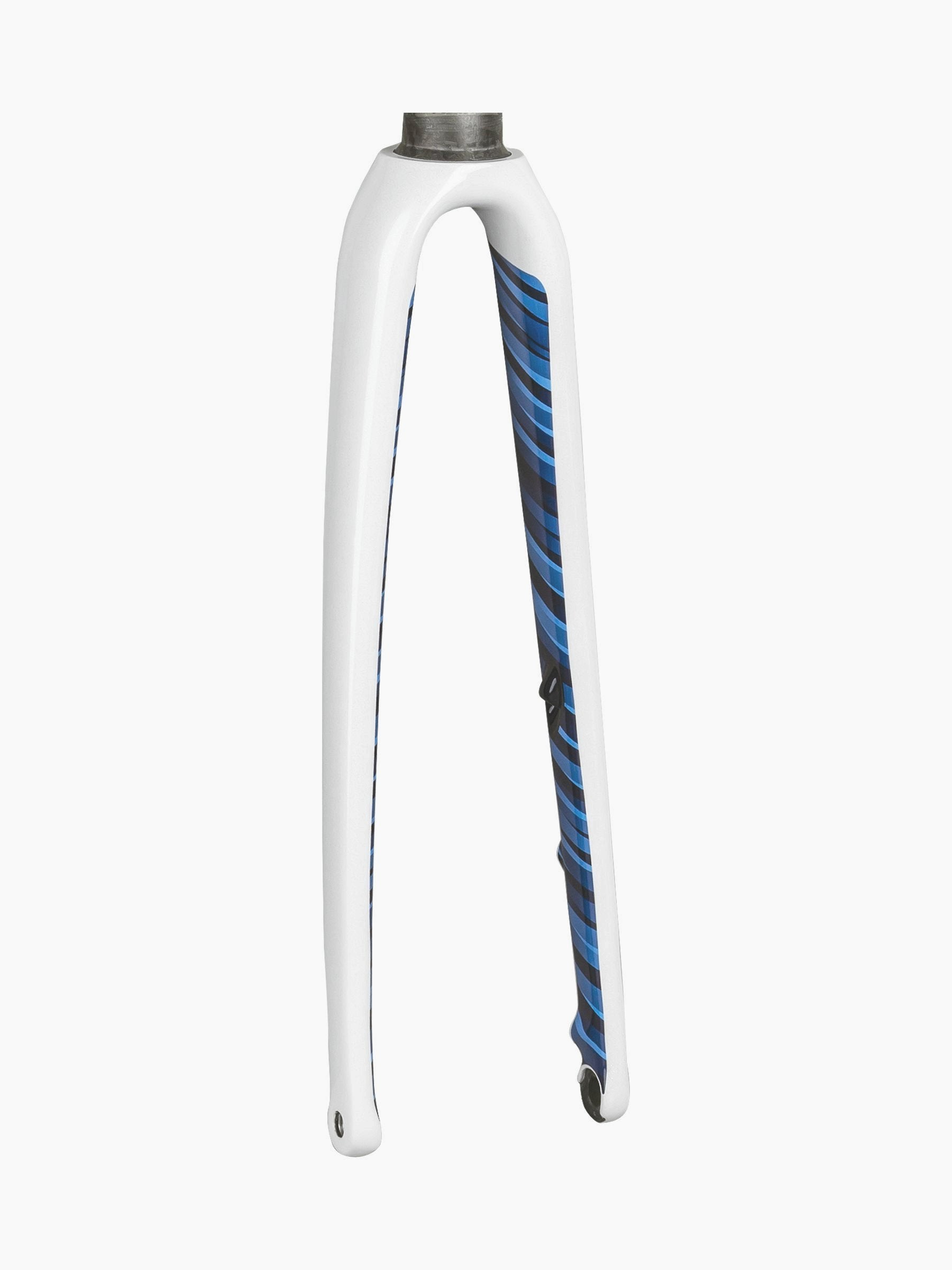 Trek Emonda SL 6 women's 700c disc road bike fork with white and blue finish, 255mm length, 45mm offset, rigid fork component