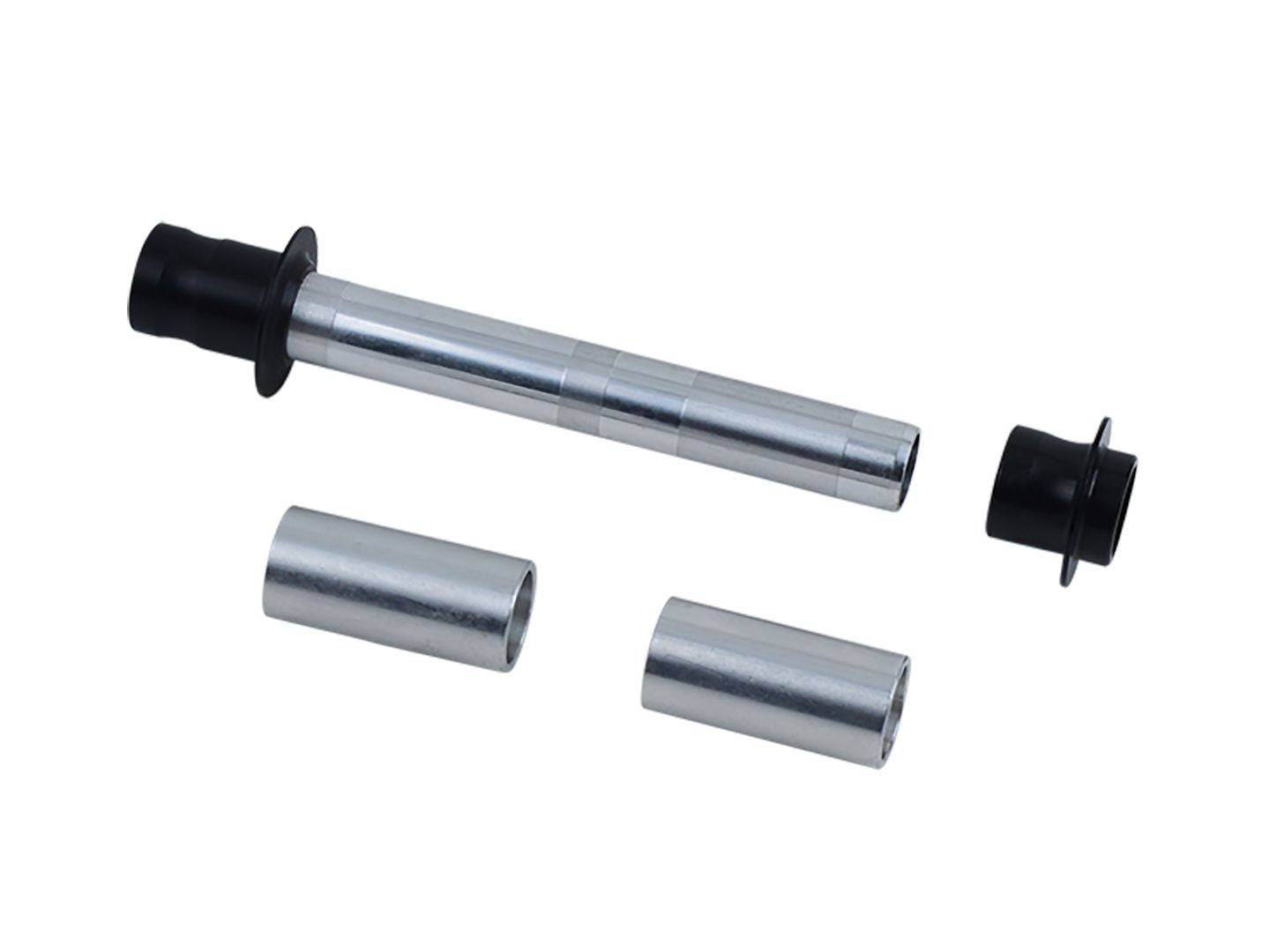 Bontrager Affinity Elite Race Lite rear axle kit in black with 142mm OLD for bike components, showing the axle and black finish.
