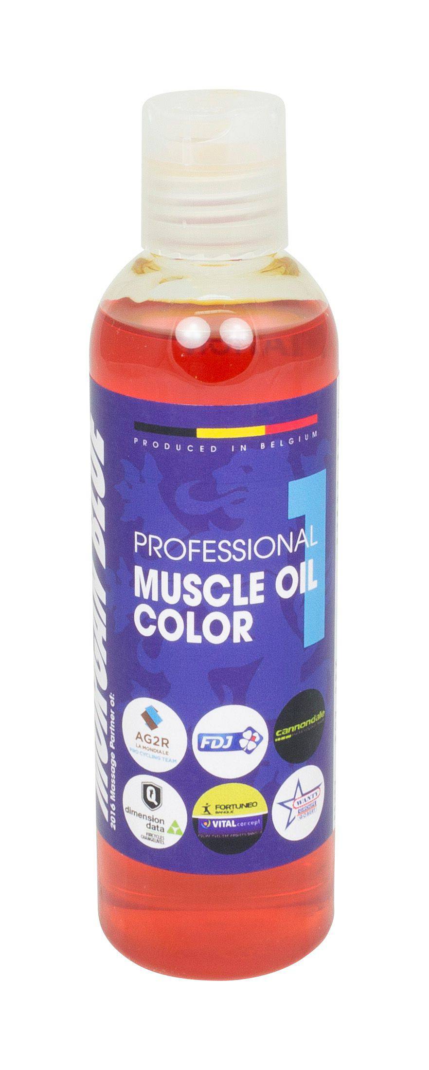 Morgan Blue Muscle Oil Colour 1 pre-sports massage oil with natural tinted formula, shown in a bottle with label and massage application.