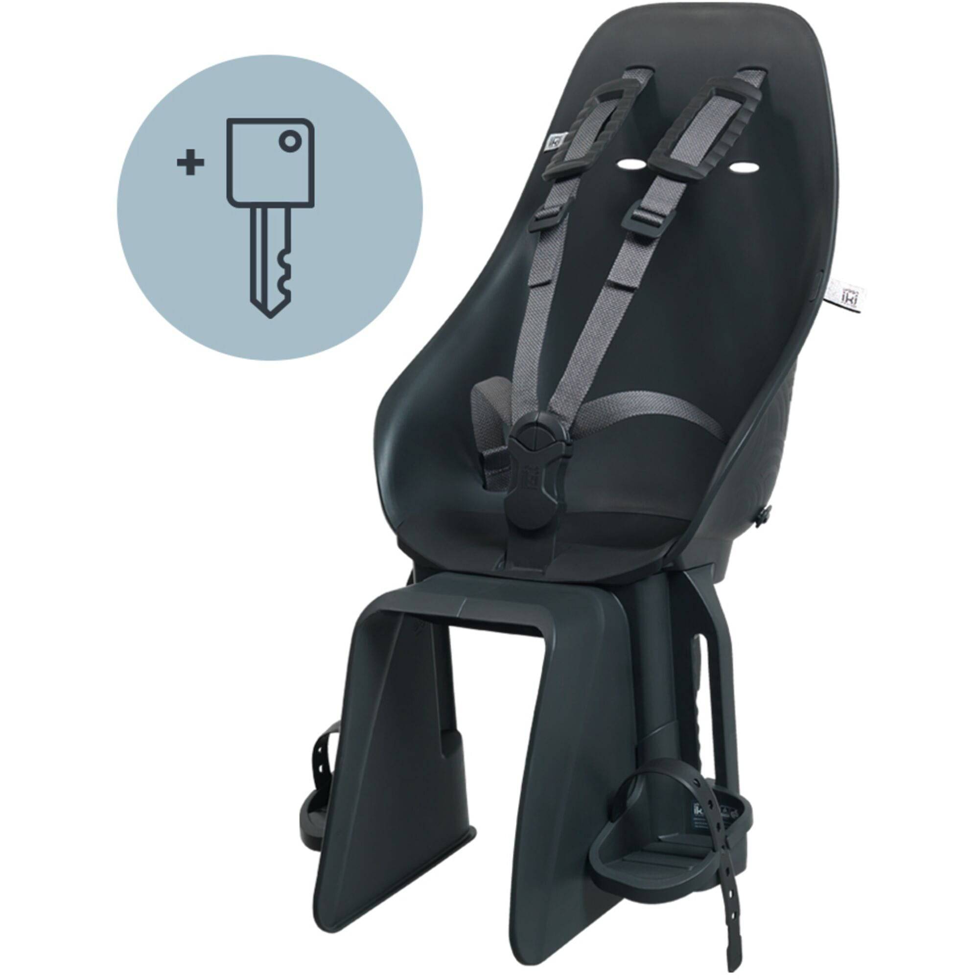 Urban Iki Rear Seat TA-KE carrier mount for kids bike with Click & Go system, showing the sturdy attachment and mounting hardware.
