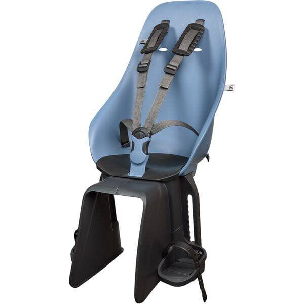 Urban Iki Rear Bike Child Seat with easy fix for (E)-bikes, shown mounted on pannier rack with safety straps and sleek design.