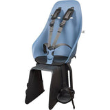 Urban Iki Rear Bike Child Seat with easy fix for (E)-bikes, shown mounted on pannier rack with safety straps and sleek design.